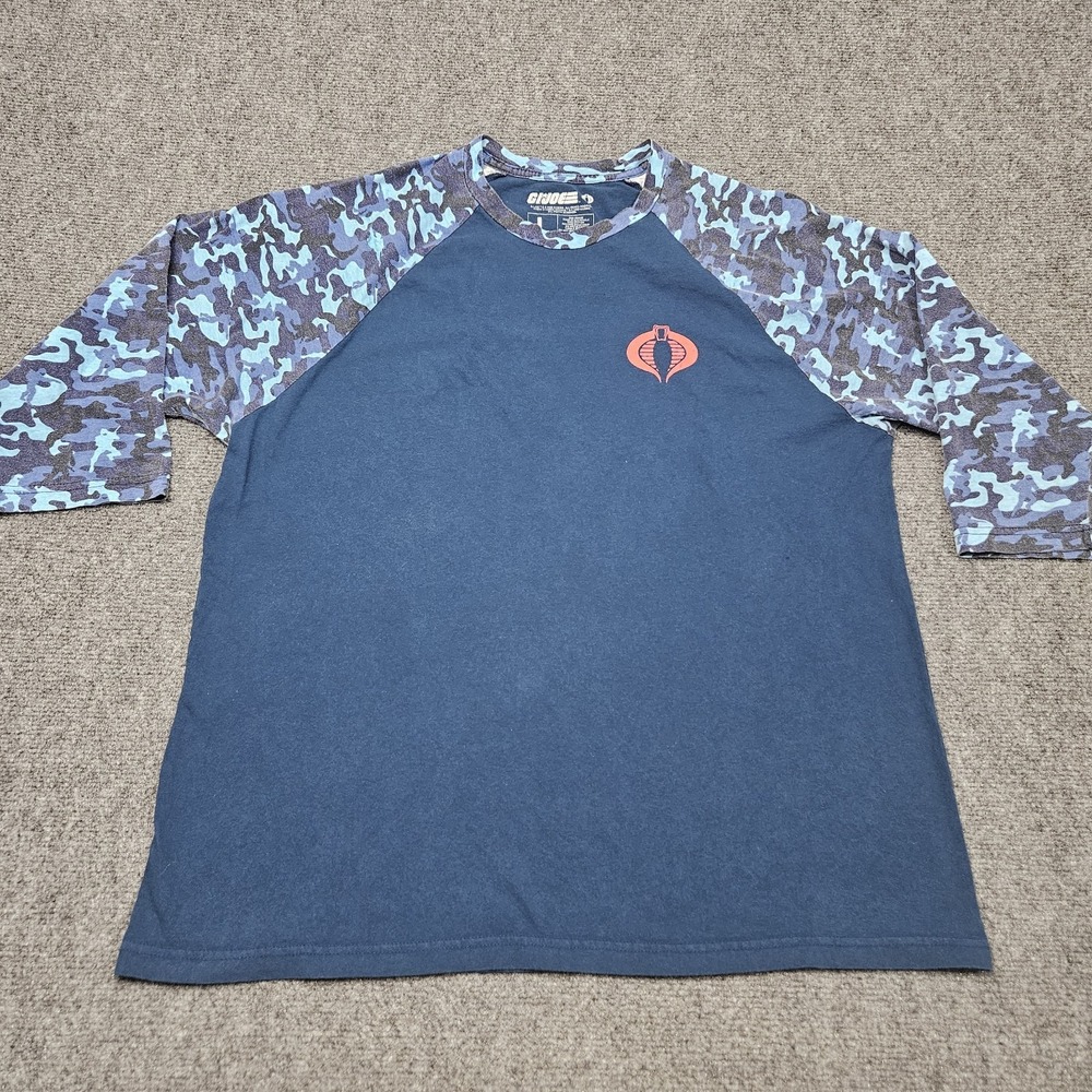 GI Joe Shirt Mens Large Blue Camo 3/4 Sleeve Raglan Cobra Graphic Tee Nostalgia